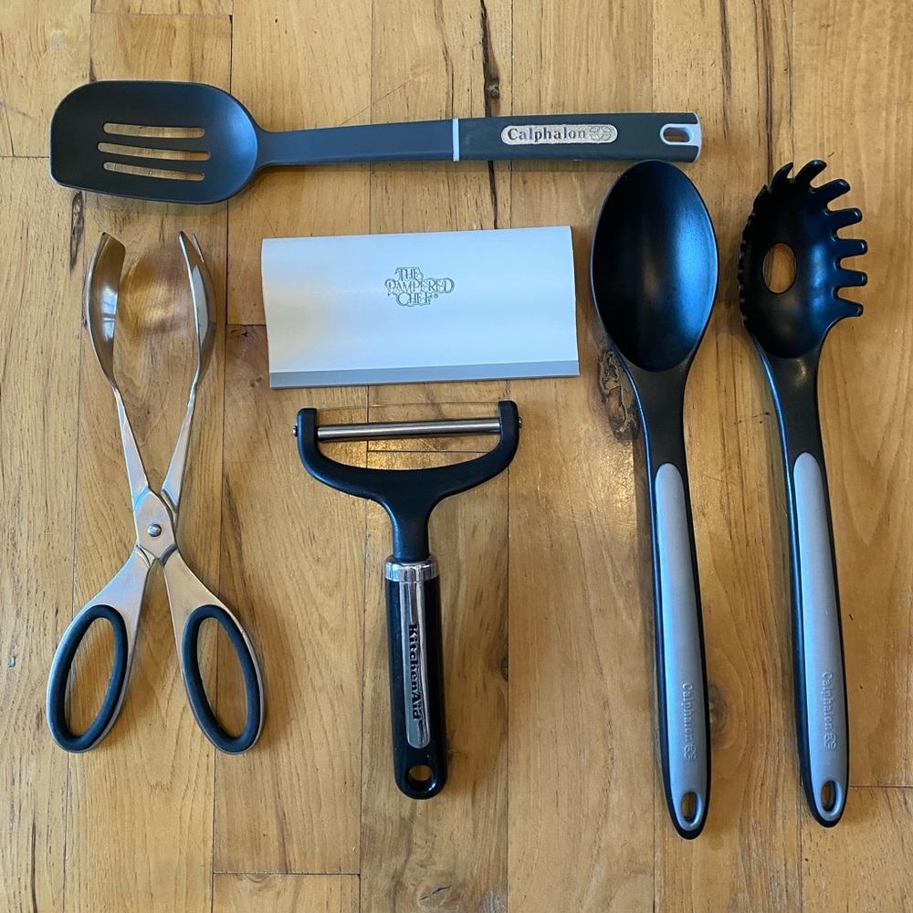 Calphalon, KitchenAid, and Pampered Chef collection of Kitchen Utensils
